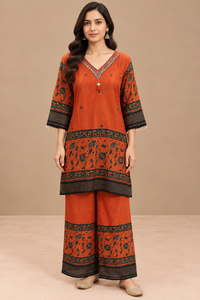 Rust Orange Soft Silk Printed Co-ord Set