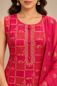 Pink Embroidered Straight Kurta Pant Set with Dupatta