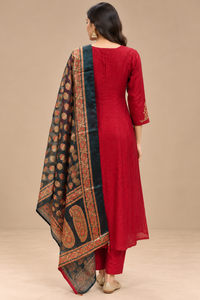 Red Anarkali Kurta Pant Set with Printed Navy Blue Dupatta