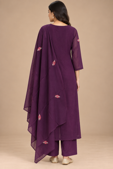 Wine Purple Floral Embroidered Kurta Set with Dupatta