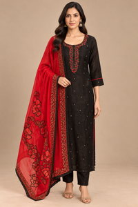 Black Embroidered Kurta Set with Red Floral Dupatta