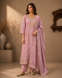 Blush Pink Soft Silk Embroidered Kurta Set with Dupatta
