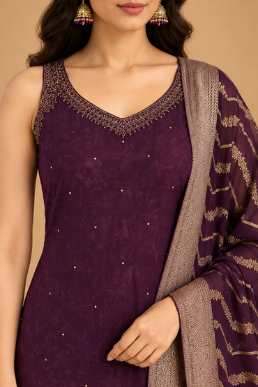 Deep Plum Purple Sleeveless Kurta Set with Gold Printed Dupatta