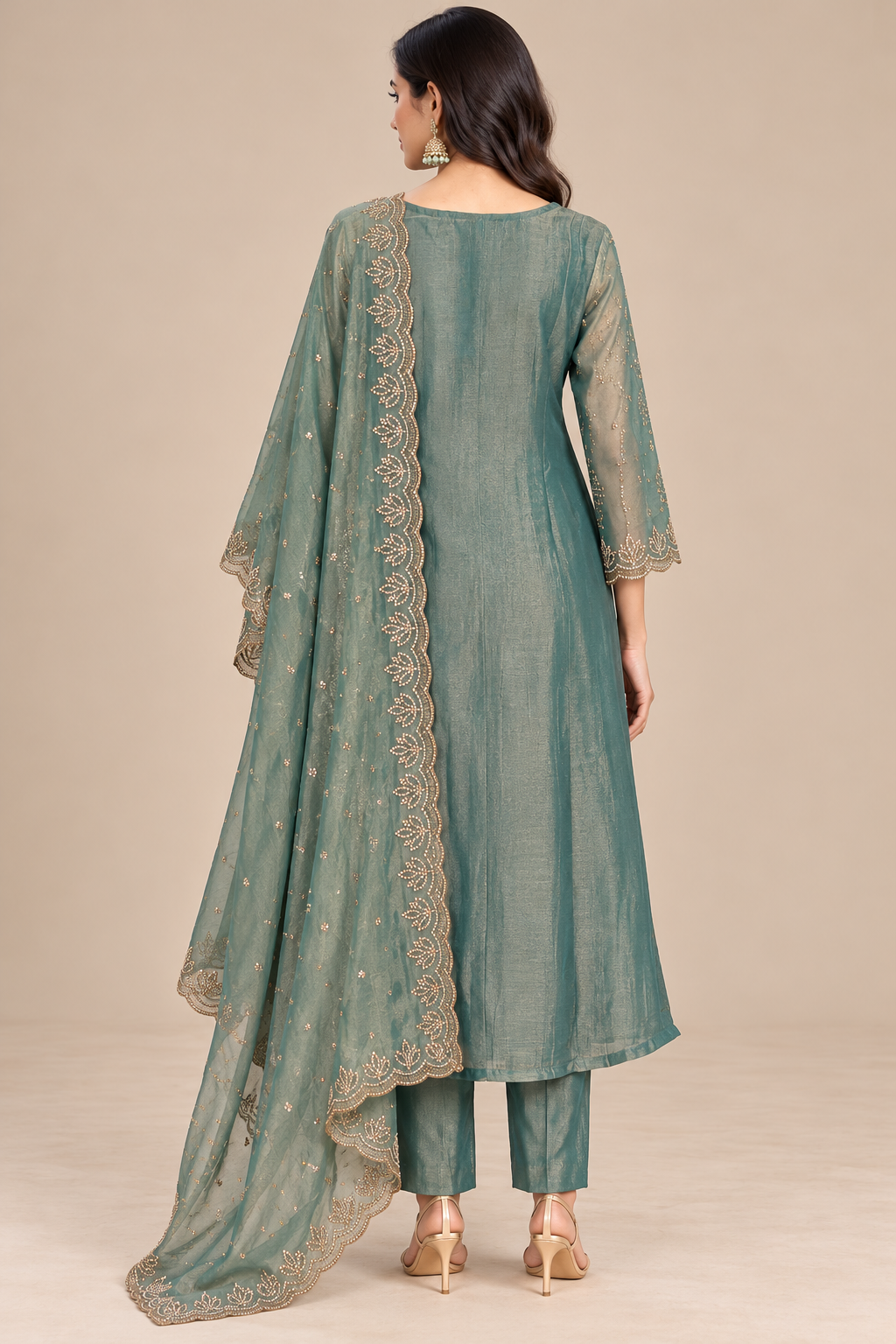 Sage Teal Embroidered Kurta Pant Set with Dupatta for Women