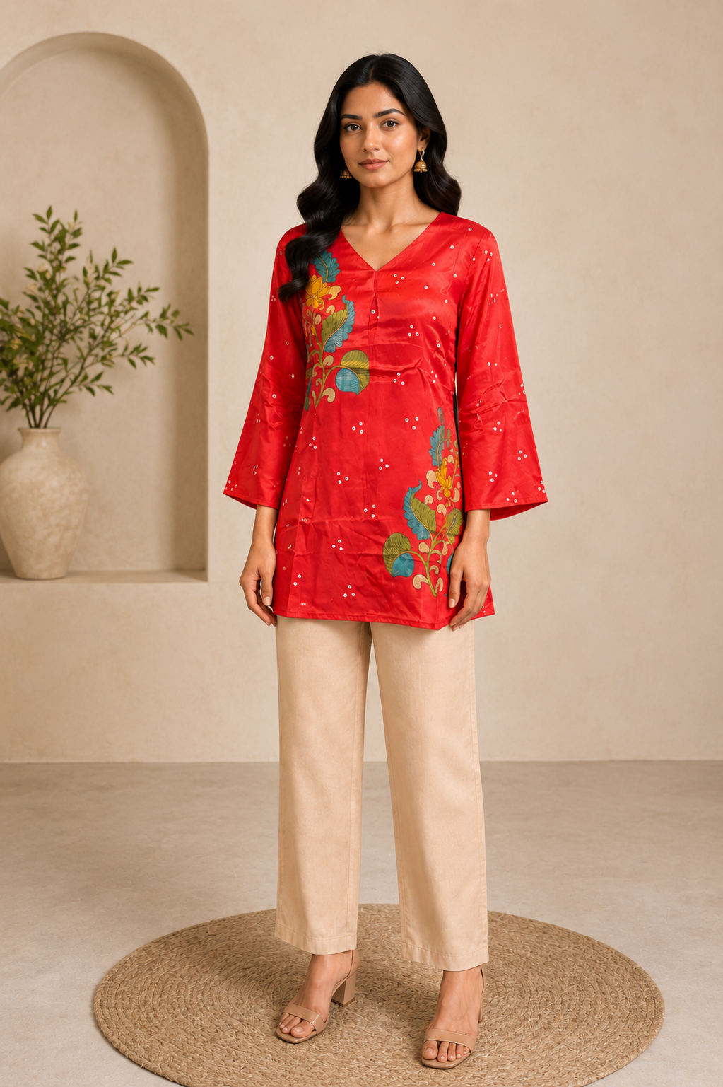 Vermilion Red Printed Silk Short Kurti
