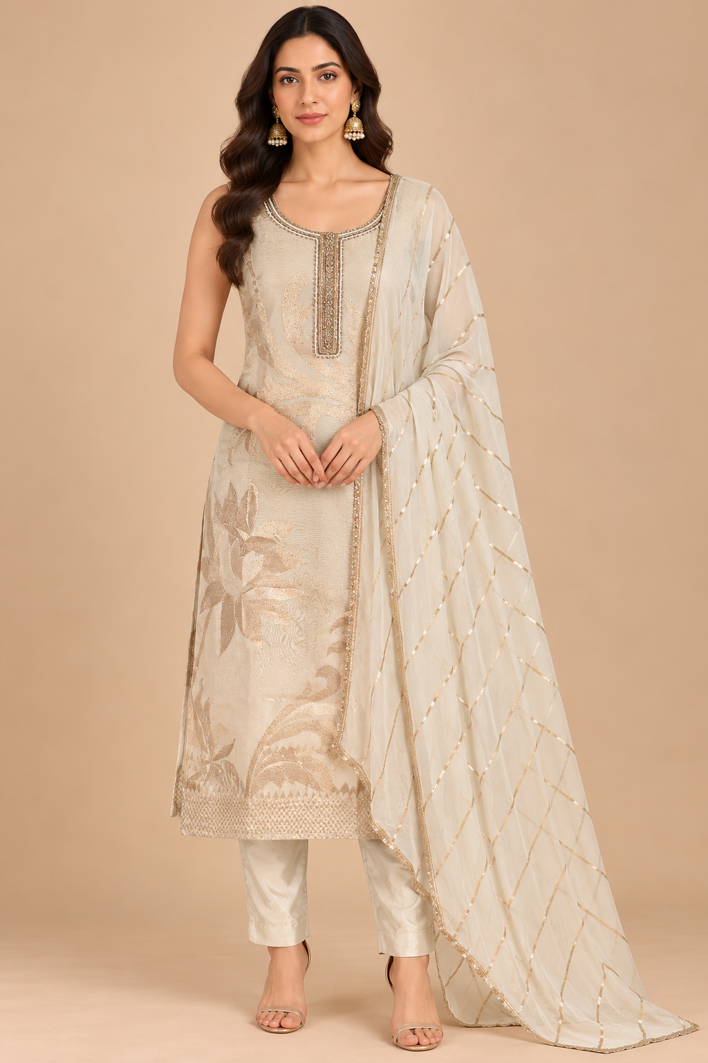 Elegant Ivory & Gold Embroidered Suit Set
