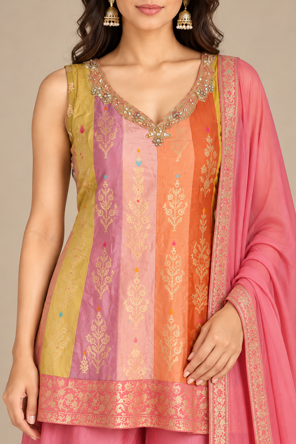 Coral Pink Multicolour Embroidered Kurta Palazzo Set with Dupatta