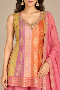 Coral Pink Multicolour Embroidered Kurta Palazzo Set with Dupatta