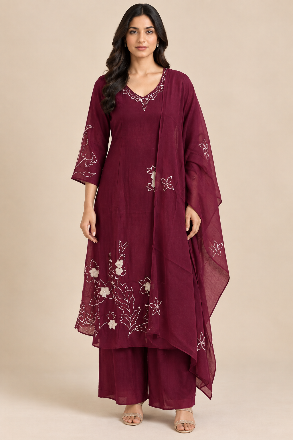 Wine Mul Chanderi Embroidered Straight-Cut Suit Set