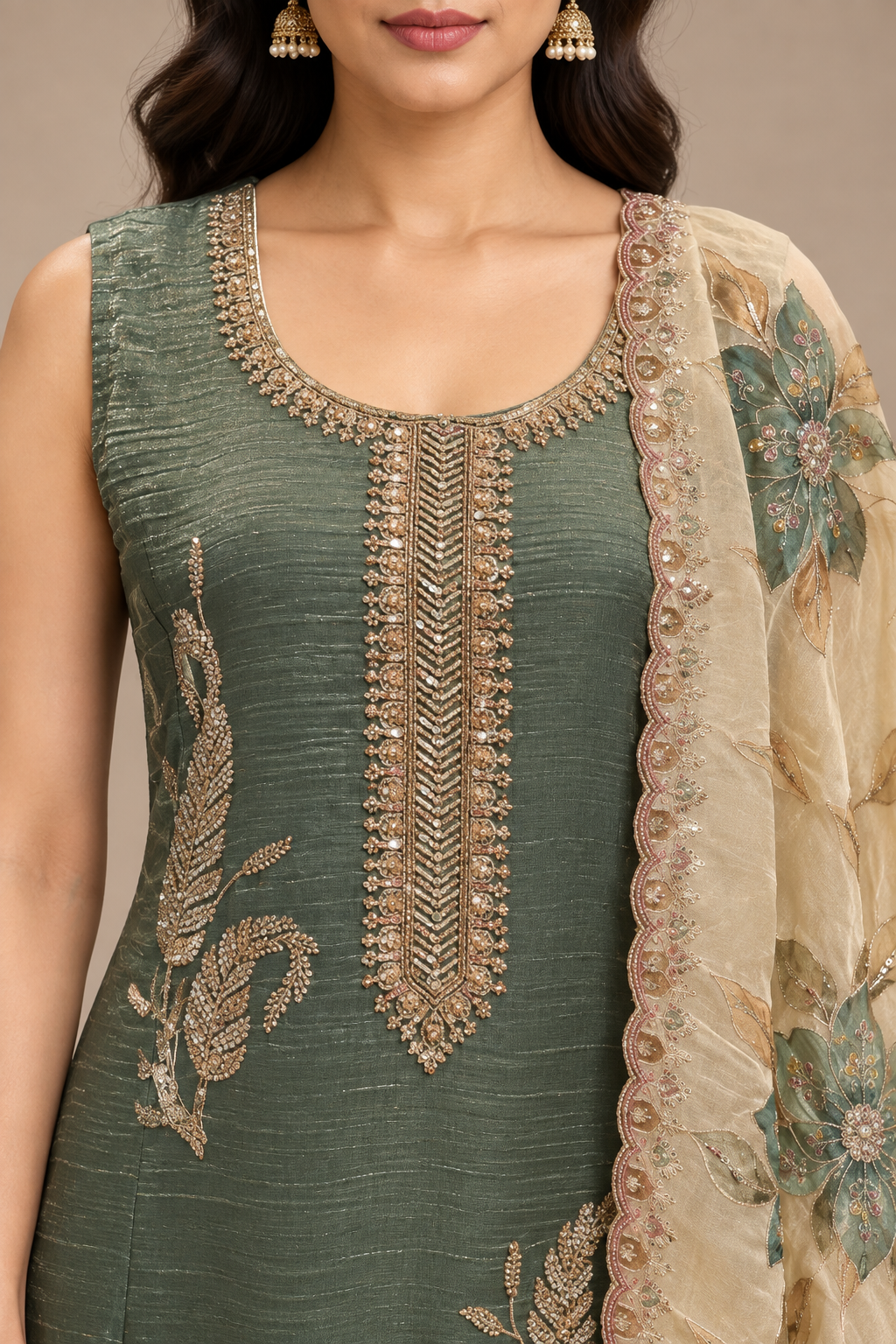 Bottle Green Embroidered Straight Kurta Pant Set with Floral Dupatta