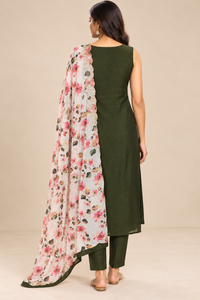 Dark Olive Green Embroidered Kurta Pant Set with Floral Dupatta