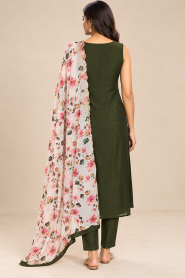 Dark Olive Green Embroidered Kurta Pant Set with Floral Dupatta
