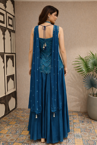 Teal Blue Silk Brocade Embroidered Peplum Kurta Sharara Set with Dupatta