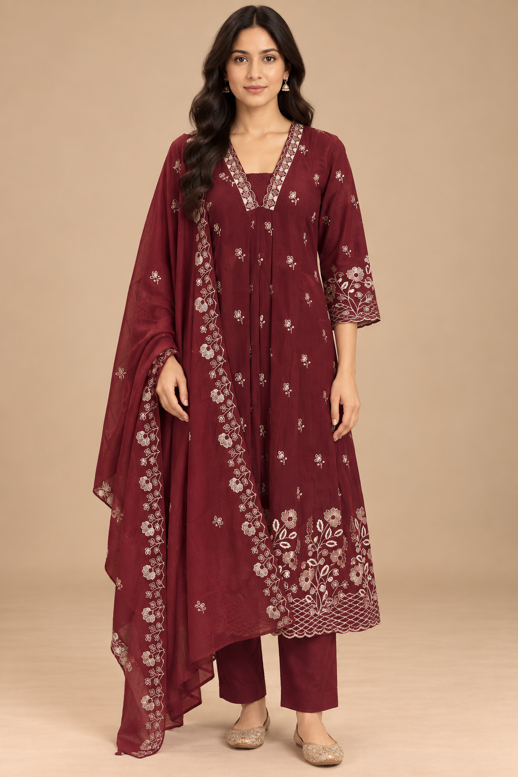 Maroon Floral Embroidered Kurta Set with Dupatta