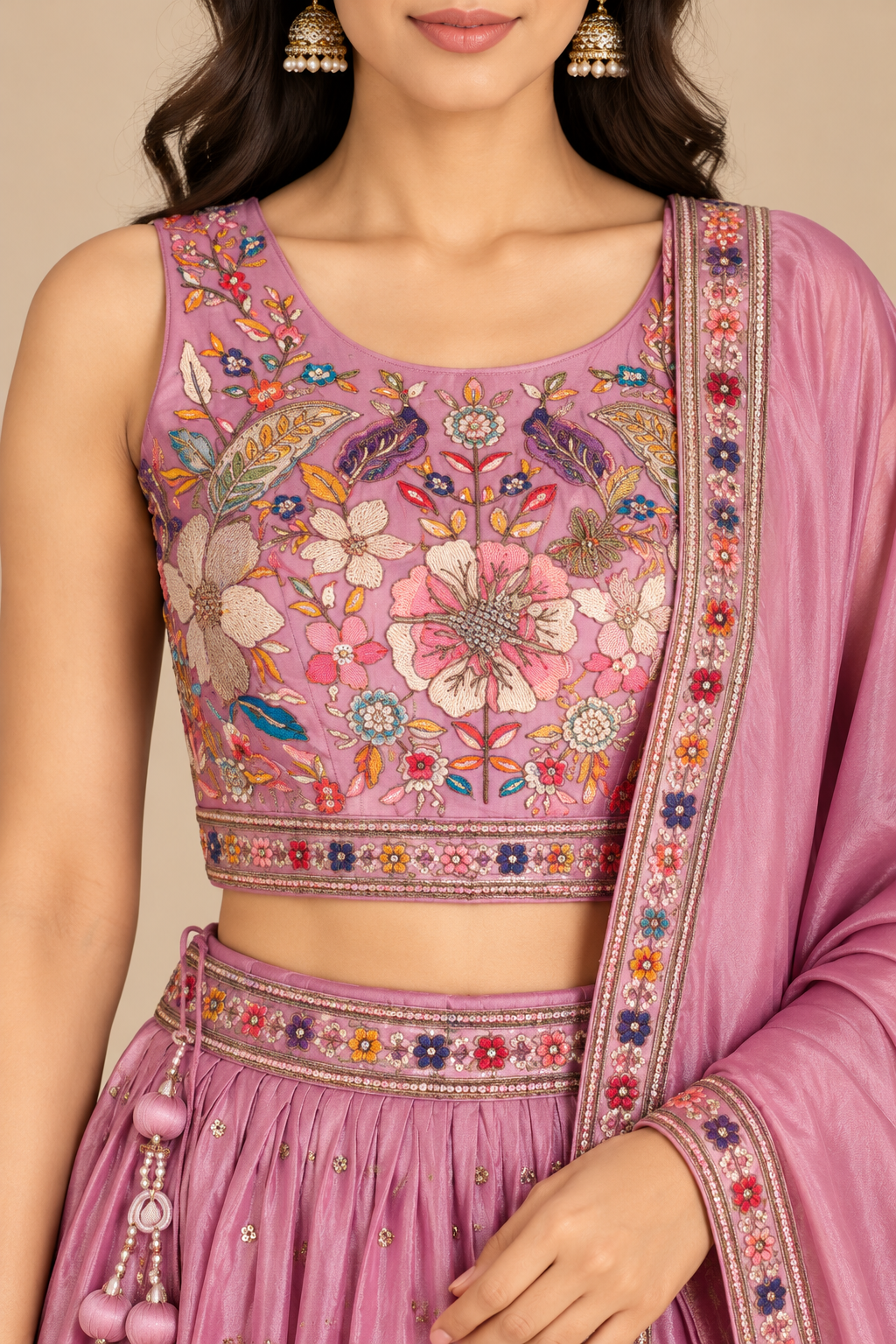 Dusty plum Pink Floral Embroidered Lehenga Choli with Dupatta