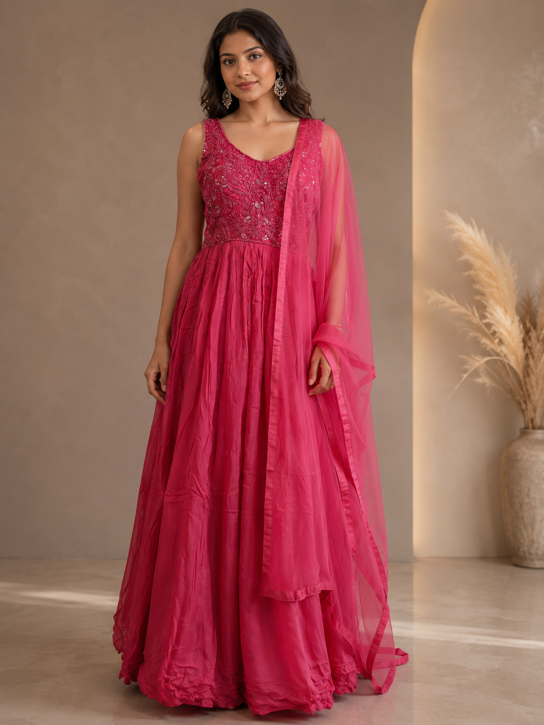 Hot Pink Embroidered Anarkali Gown with Dupatta