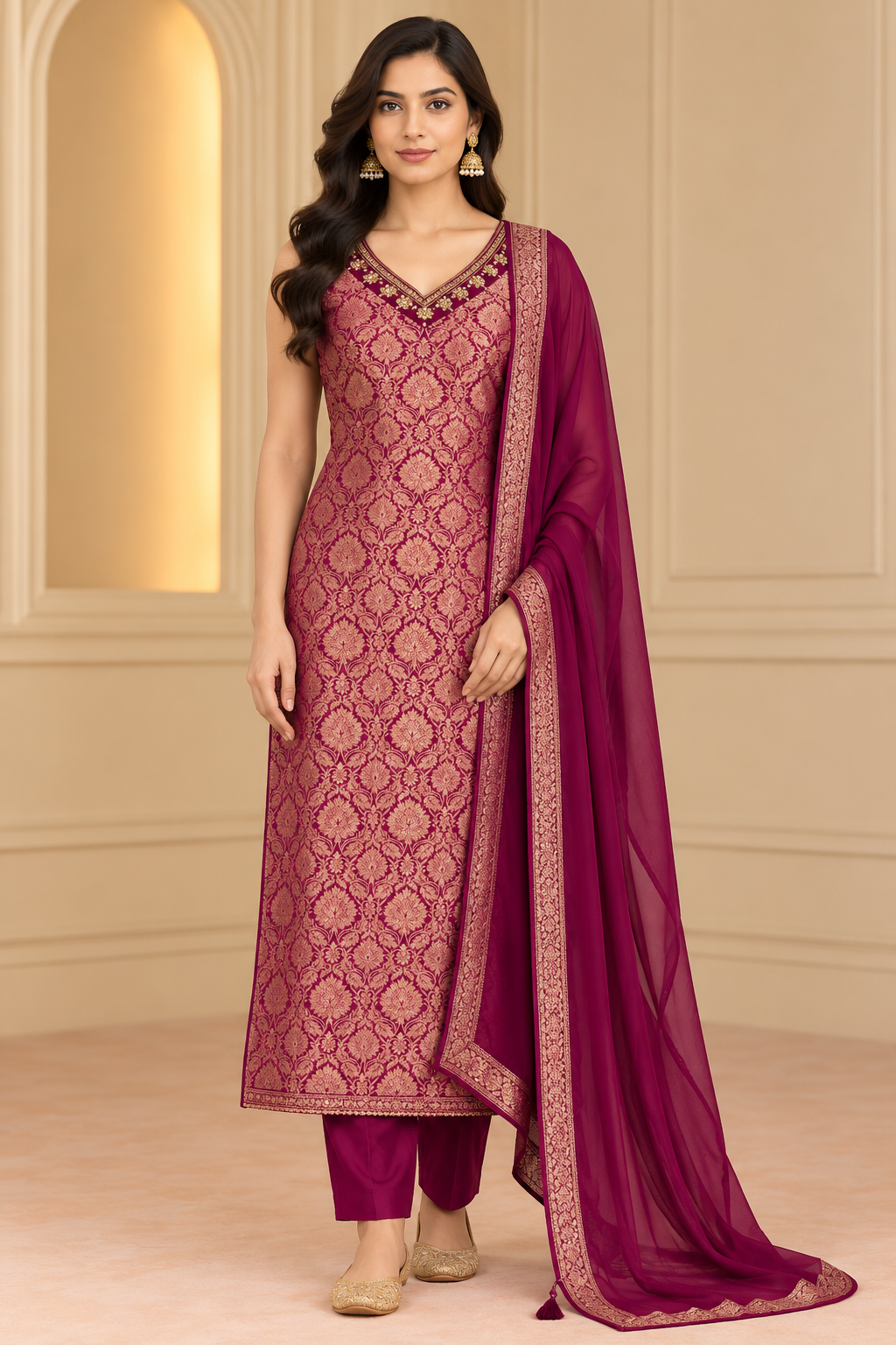 Wine & Gold Embroidered Straight Kurta Set with Dupatta