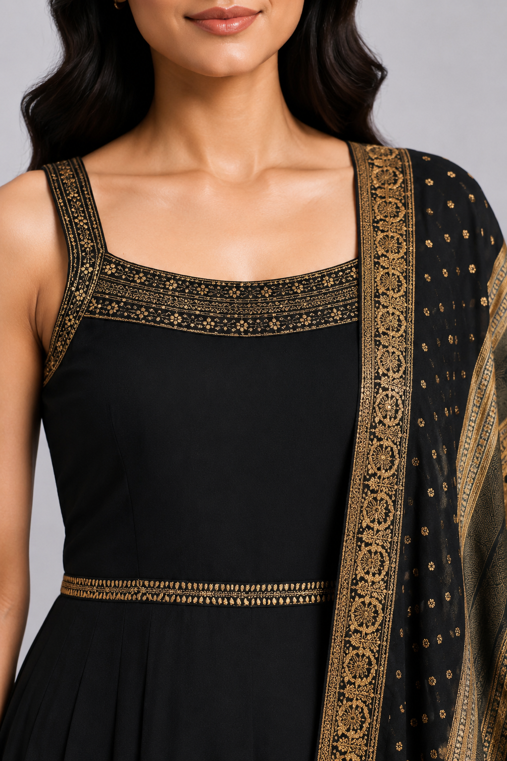 Black Anarkali Gown with Gold Printed Dupatta