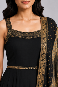 Black Anarkali Gown with Gold Printed Dupatta
