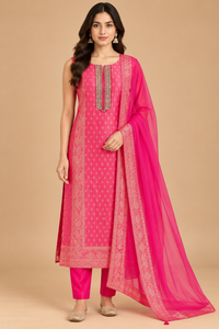 Hot Pink Printed Straight-Cut Salwar Suit Set with Matching Dupatta