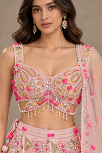 Blush Pink Net Embroidered Lehenga Set