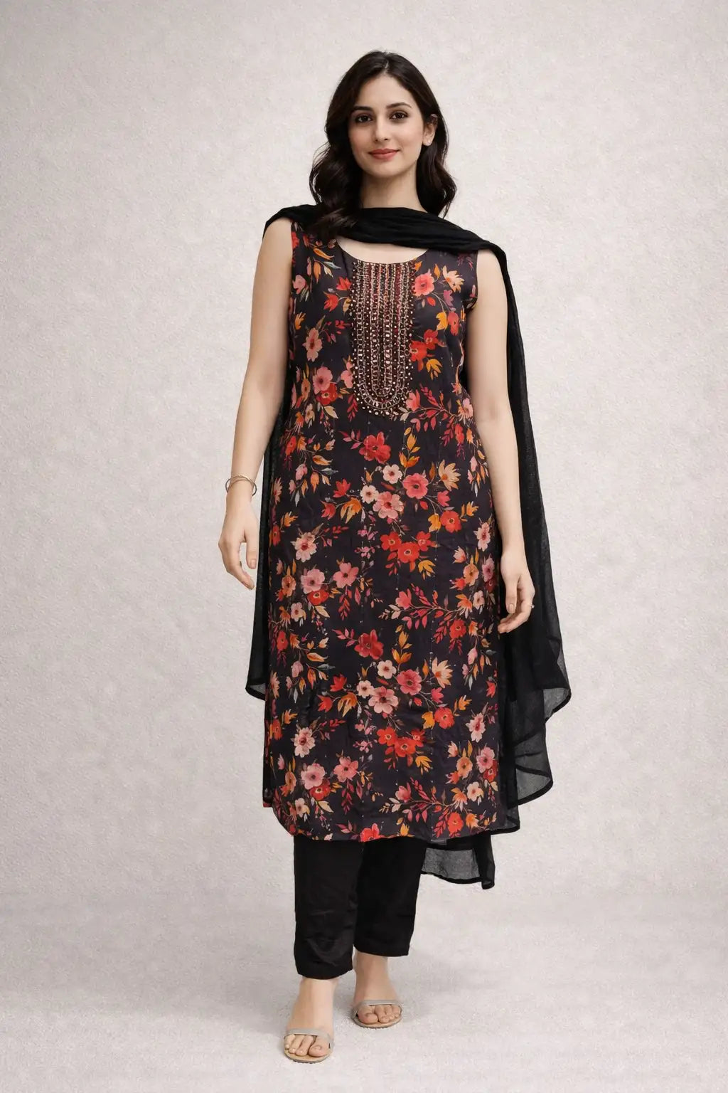 Black Floral Printed Kurta Set with Dupatta