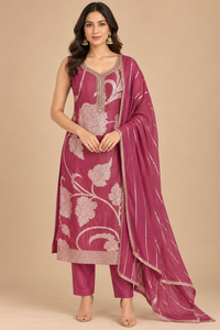 Dusty Plum & Gold Floral Embroidered Suit Set
