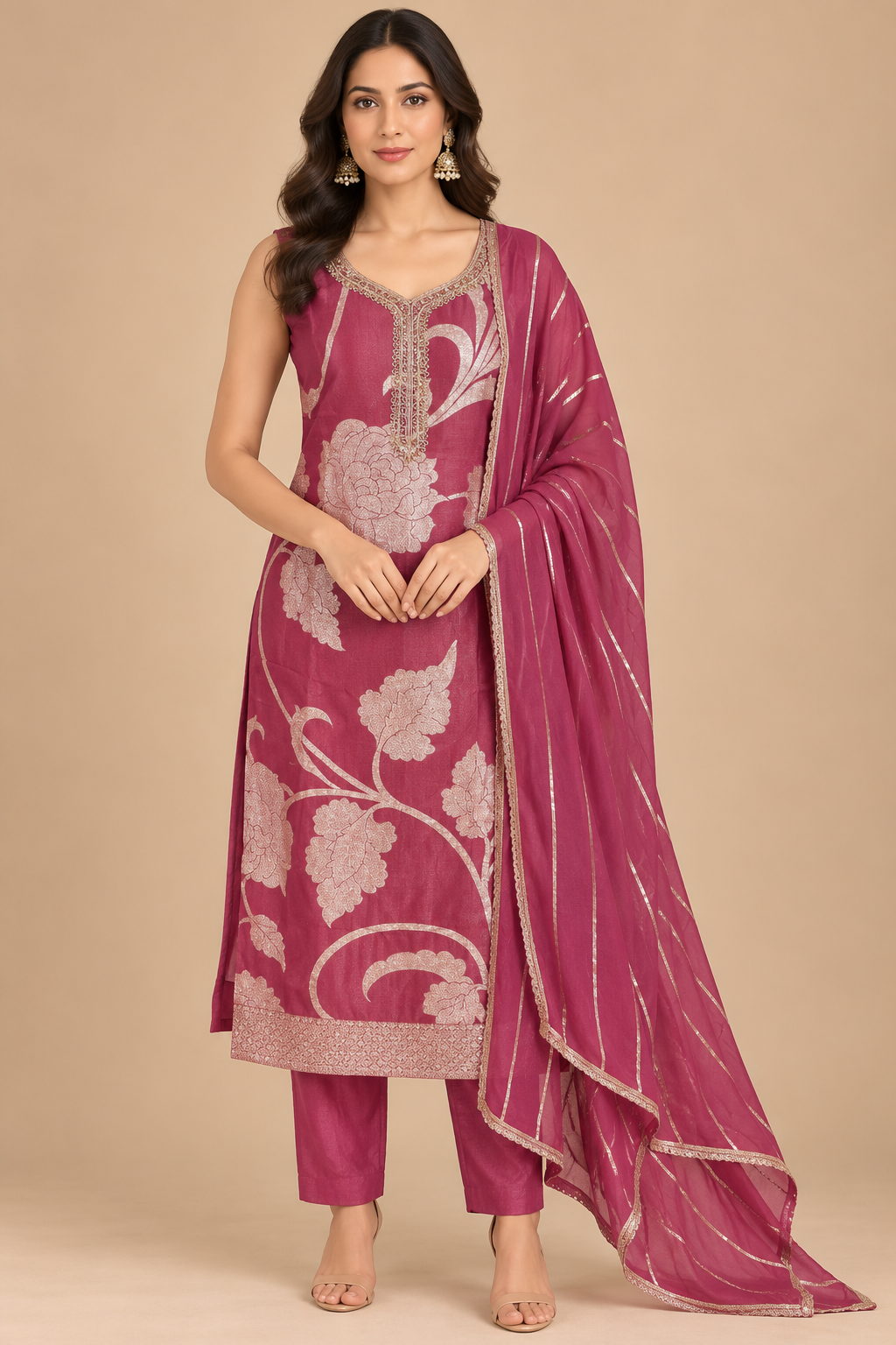 Dusty Plum & Gold Floral Embroidered Suit Set