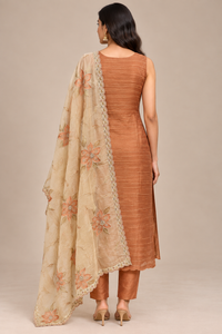 Rust Brown Embroidered Straight Kurta Pant Set with Floral Dupatta