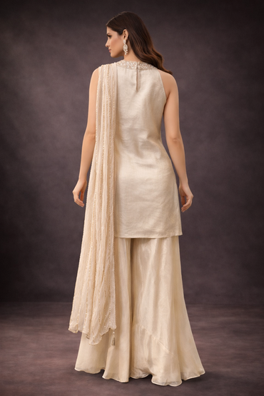 Champagne Gold Embroidered Silk Kurta Sharara Set with Dupatta