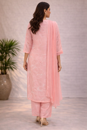 Blush Pink Floral Printed Kurta Set with Pants & Dupatta