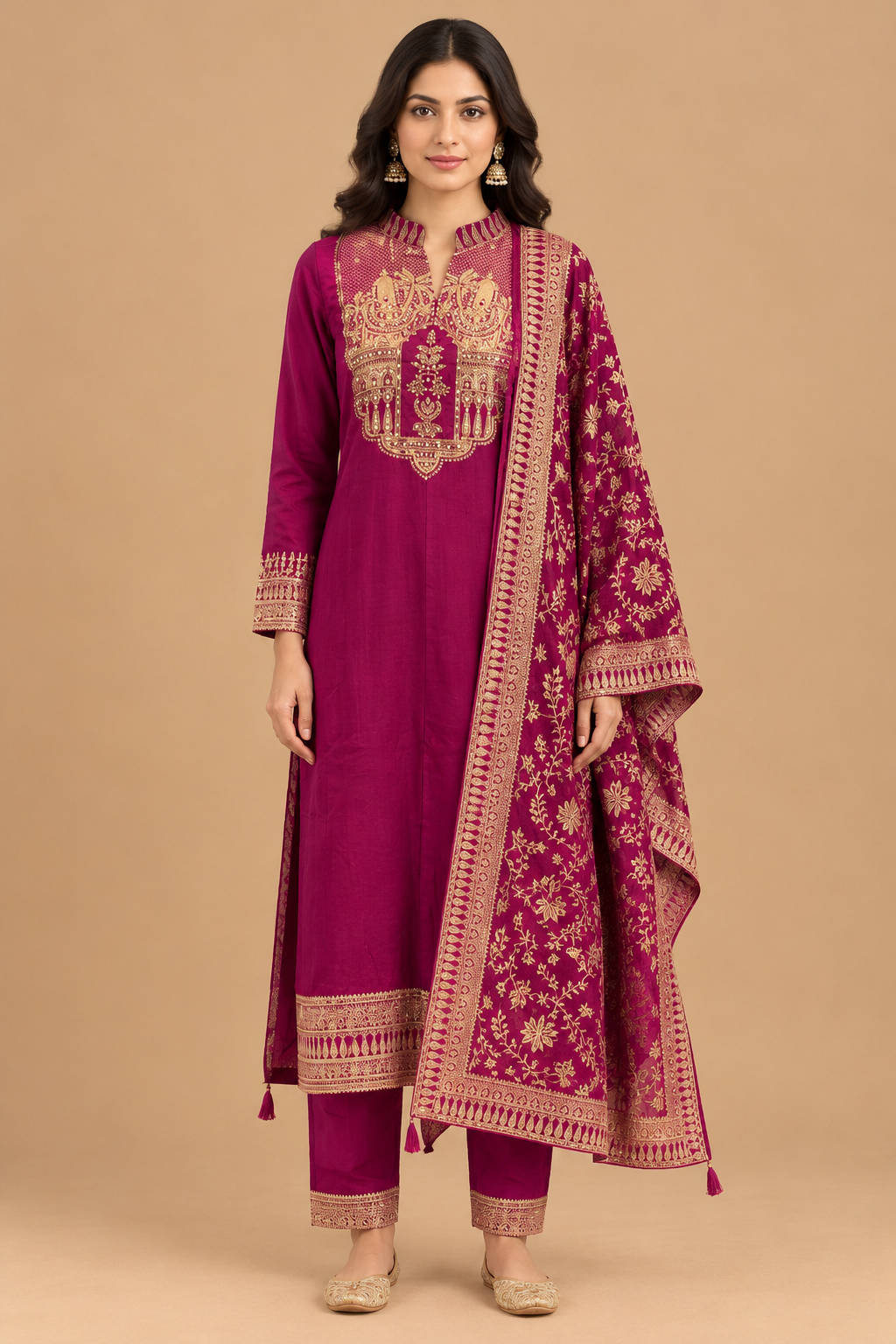 Magenta Embroidered Straight-Cut Salwar Suit Set with Floral Dupatta