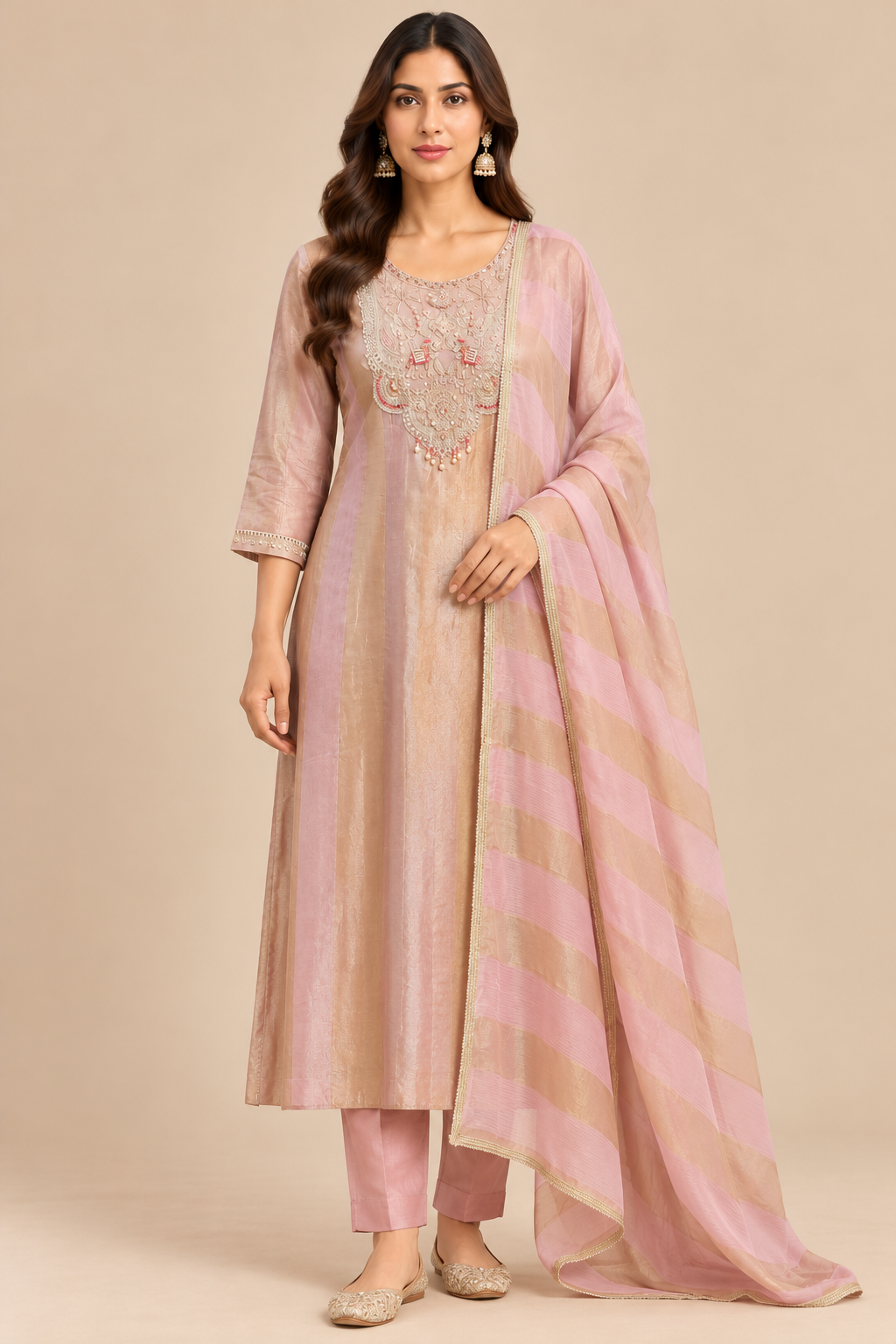 Blush Pink Embroidered Kurta Pant Set with Striped Dupatta