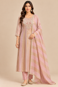 Blush Pink Embroidered Kurta Pant Set with Striped Dupatta