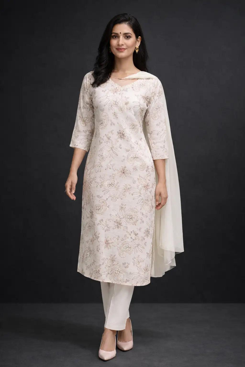 Off-White Embroidered Kurta Set with Dupatta