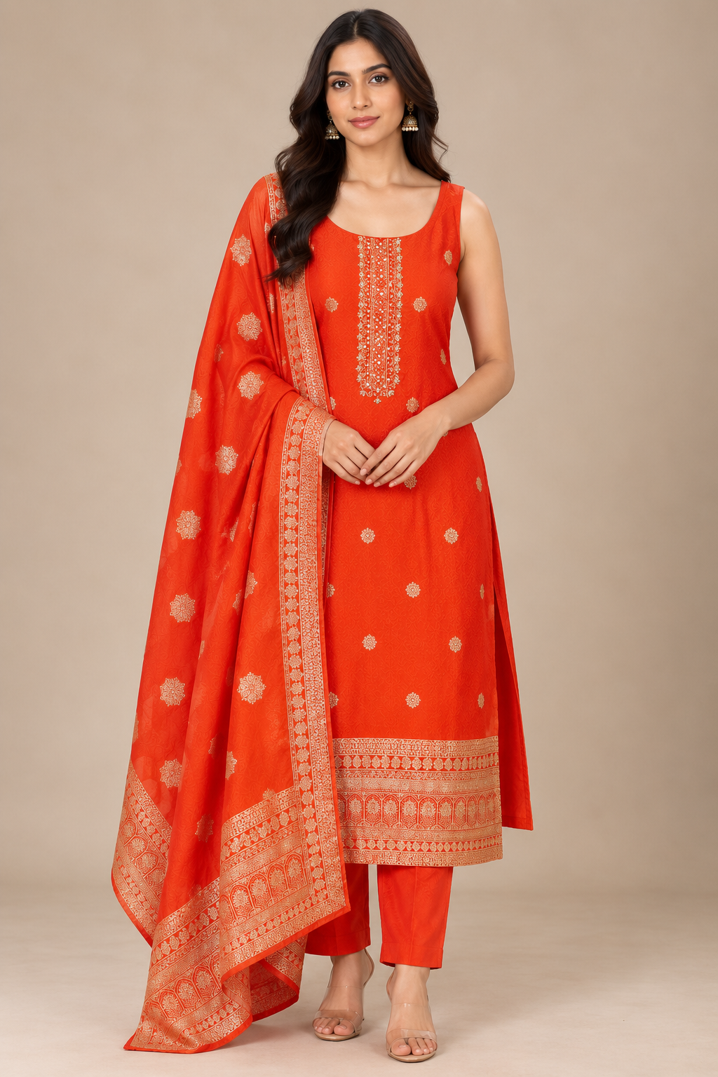 Orange Embroidered Kurta Set with Printed Dupatta