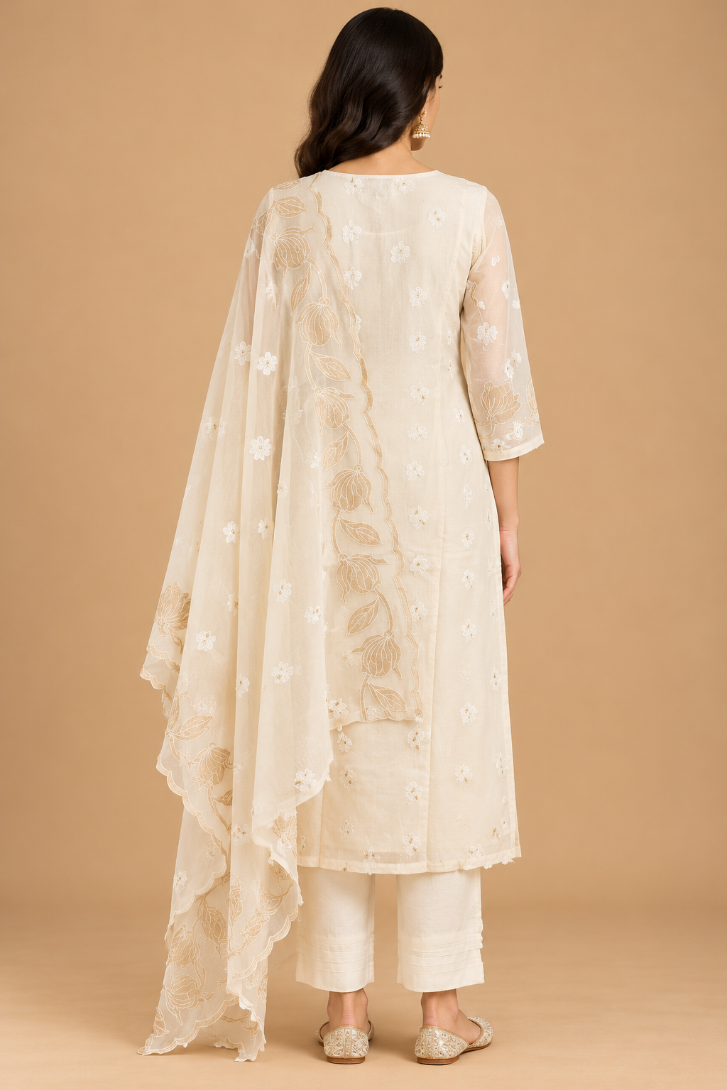 Ivory Floral Embroidered Straight-Cut Suit Set with Dupatta
