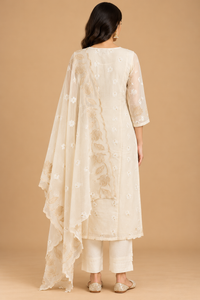 Ivory Floral Embroidered Straight-Cut Suit Set with Dupatta
