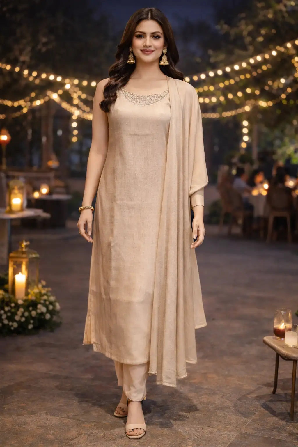 Elegant Beige Minimal Kurta Set with Dupatta