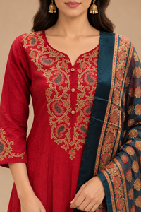 Red Anarkali Kurta Pant Set with Printed Navy Blue Dupatta