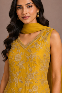 Mustard Yellow Tissue Embroidered Sharara Set