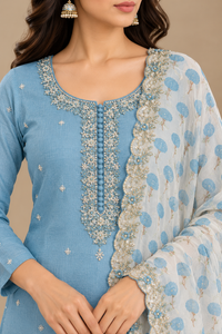 Sky Blue Embroidered Kurta Set with Printed Dupatta