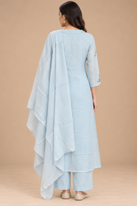 Powder Blue Floral Embroidered Kurta Set with Dupatta