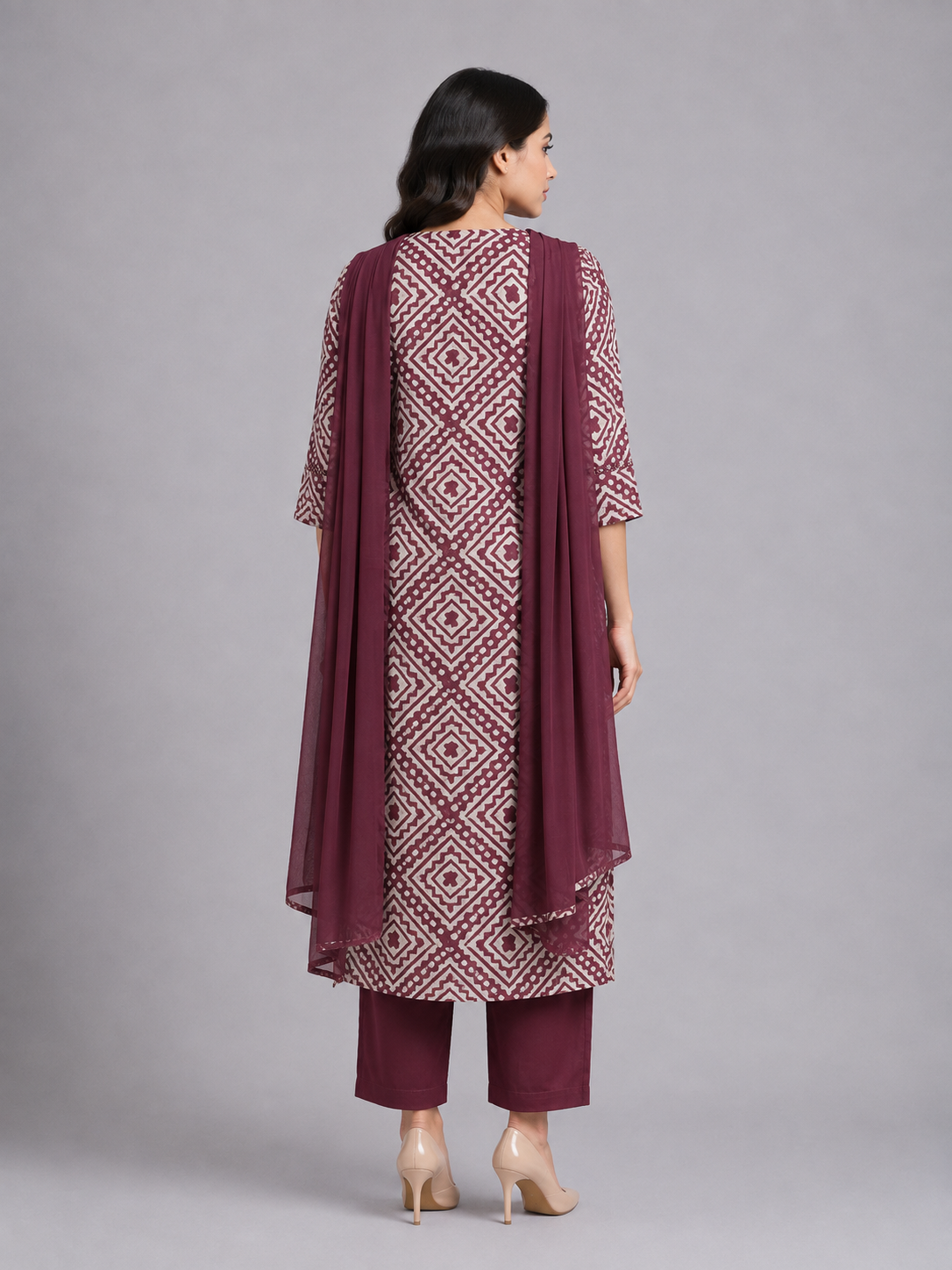Mauve Printed Straight Kurta Pant Set with Dupatta