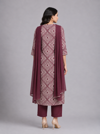 Mauve Printed Straight Kurta Pant Set with Dupatta
