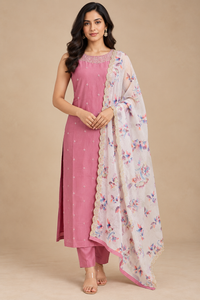 Pink Embroidered Kurta Set with Floral Printed Dupatta