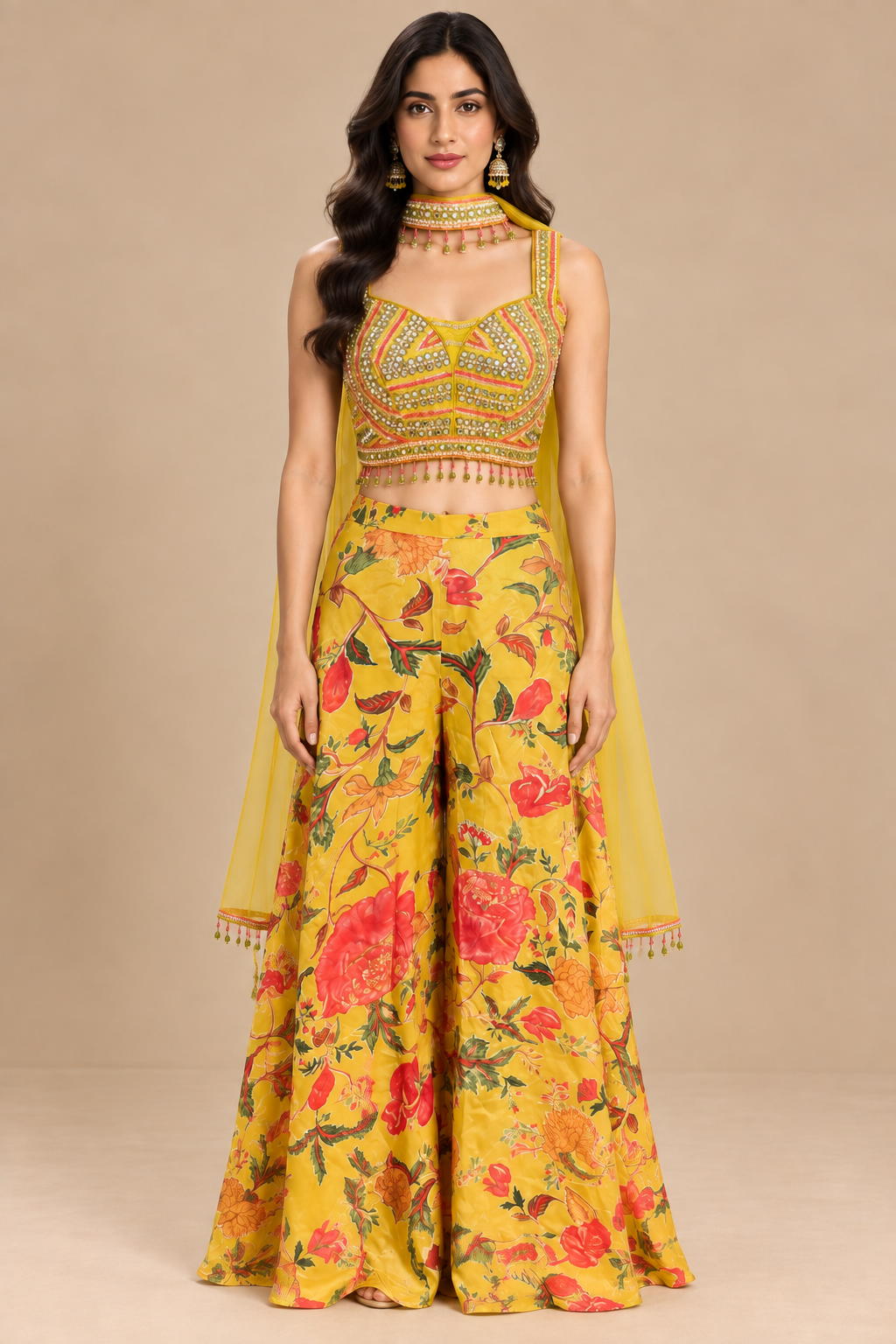 Yellow Floral Printed Palazzo Set with Embellished Crop Top & Dupatta