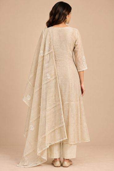 Beige Embroidered Anarkali Kurta Pant Set with Matching Dupatta