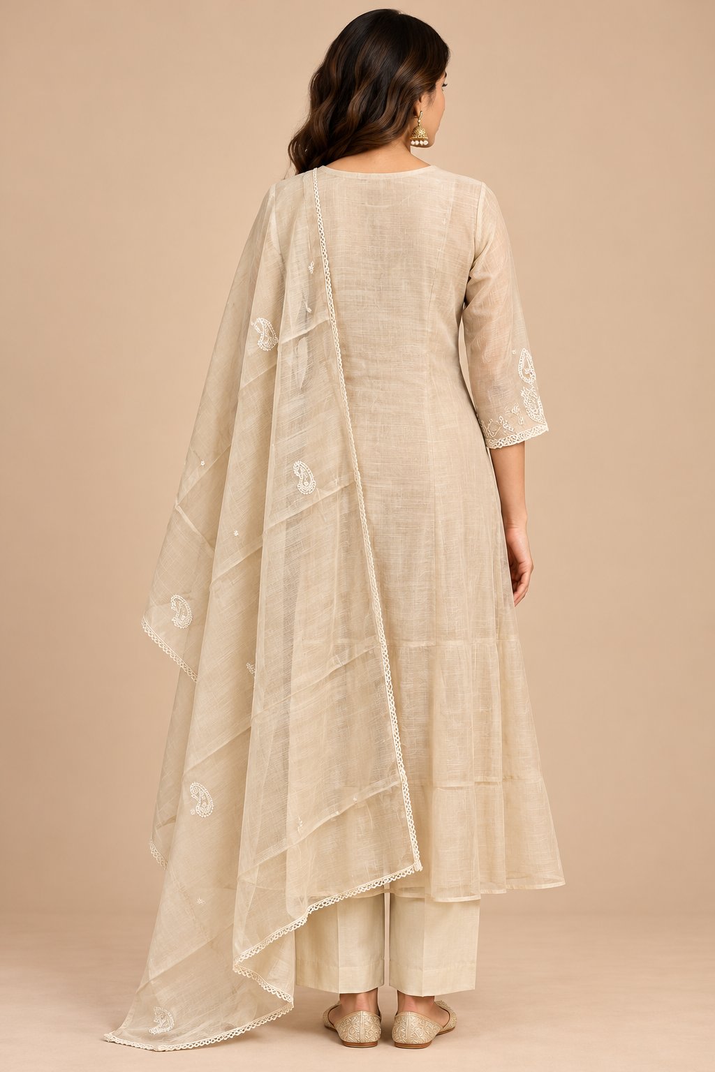 Beige Embroidered Anarkali Kurta Pant Set with Matching Dupatta