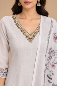 White Floral Printed Kurta Pant Dupatta Set